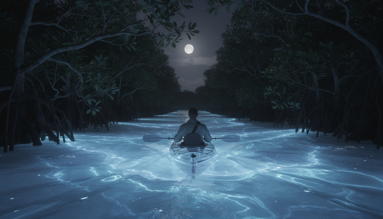 découvrez une aventure nocturne unique en kayak transparent à travers les baies bioluminescentes de porto rico, où l'eau s'illumine sous vos pagaies pour une expérience magique et inoubliable.