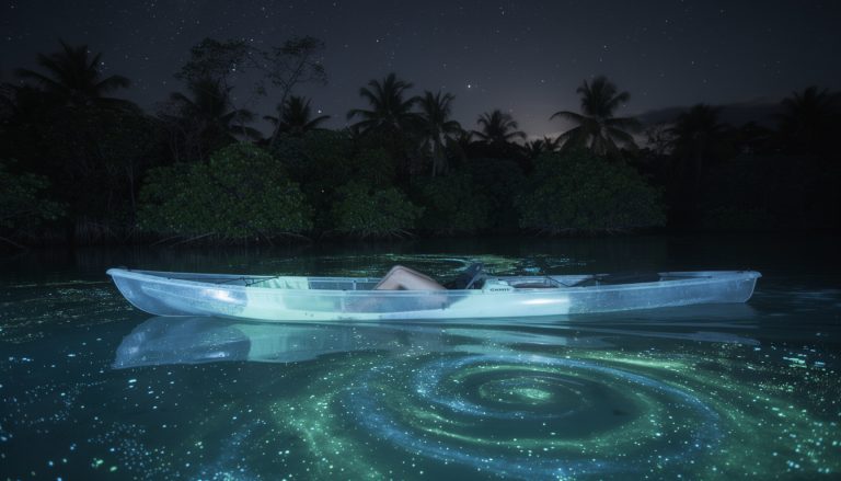 découvrez une aventure nocturne unique en kayak transparent à travers les baies bioluminescentes enchanteuses de porto rico, où chaque pagayage illumine les eaux scintillantes.