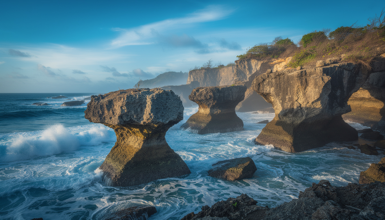 découvrez bathsheba et son célèbre rocher 'soupe de champignon', un phénomène géologique unique sur les côtes de l'atlantique.