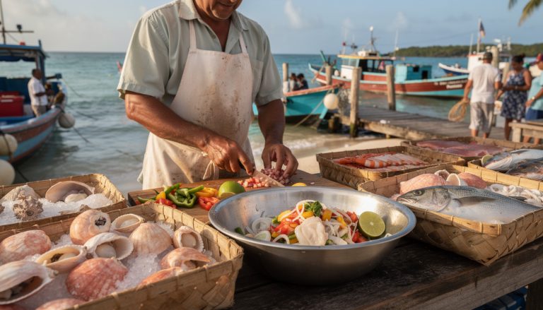 découvrez le 'conch salad', une spécialité gastronomique mettant à l'honneur le lambi frais, préparé avec passion et savoir-faire directement sur le port.