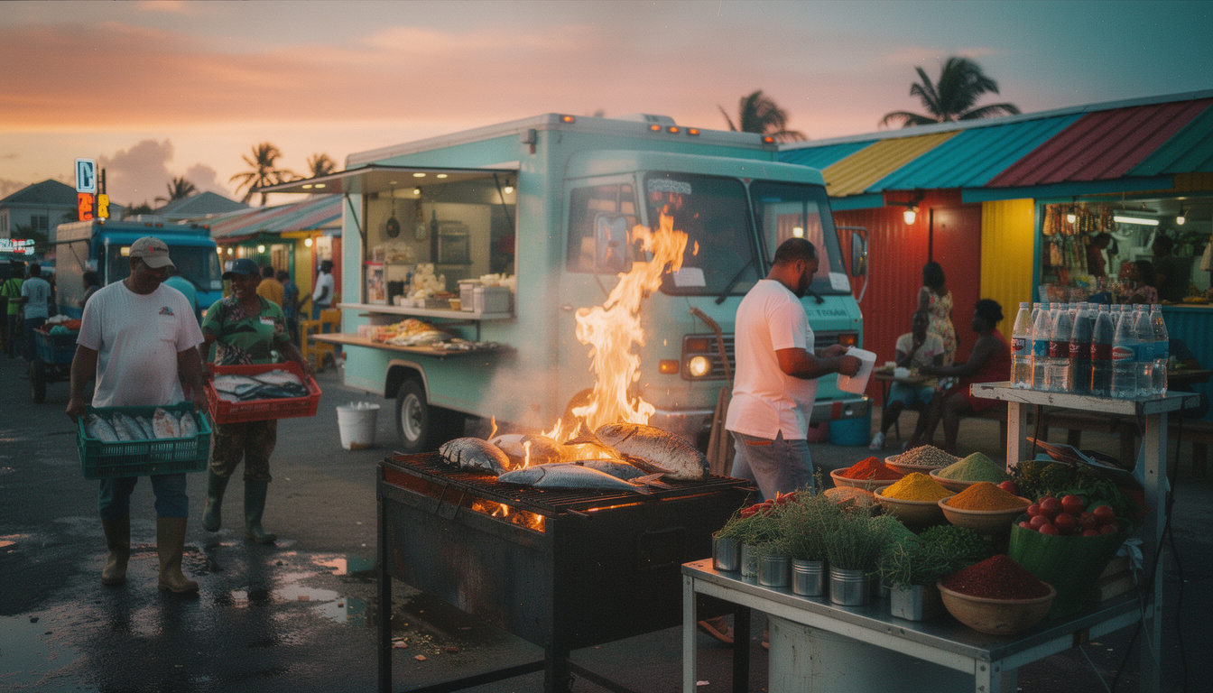 découvrez la gastronomie de rue à oistins, barbade, avec les meilleurs food trucks spécialisés dans le poisson grillé frais et savoureux. profitez d'une expérience culinaire unique en bord de mer.