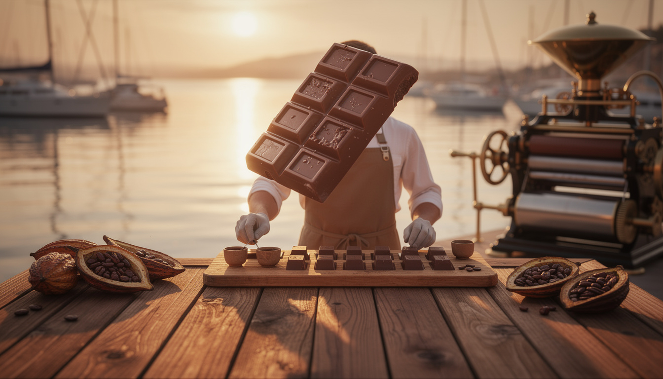 découvrez le premier bar à chocolat "tree-to-bar" flottant dans la marina de port louis, une nouveauté culinaire unique alliant gourmandise et innovation au cœur d'un cadre exceptionnel.
