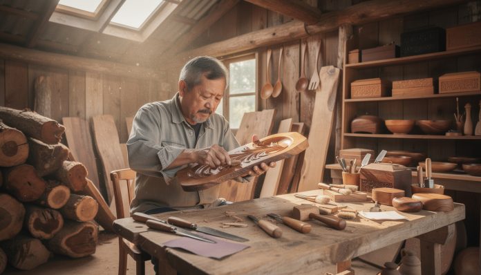découvrez comment les artisans locaux transforment le bois de muscadier, l'arbre roi, en pièces uniques alliant tradition et savoir-faire artisanal.