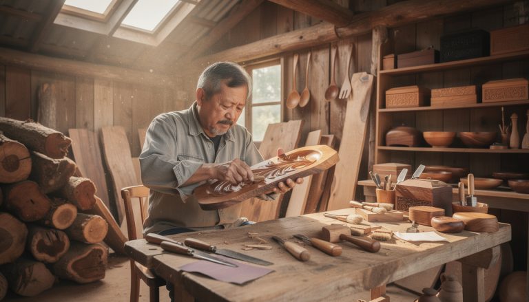 découvrez comment les artisans locaux transforment le bois de muscadier, l'arbre roi, en pièces uniques alliant tradition et savoir-faire artisanal.