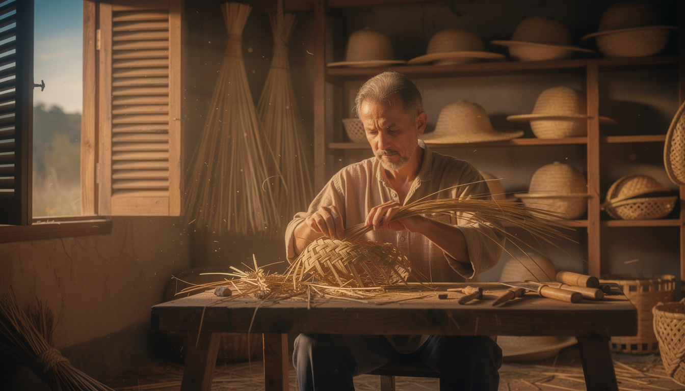 découvrez l'art du tressage de la paille de palmier avec frédéric, un artisan passionné qui maîtrise ce geste précis et traditionnel.