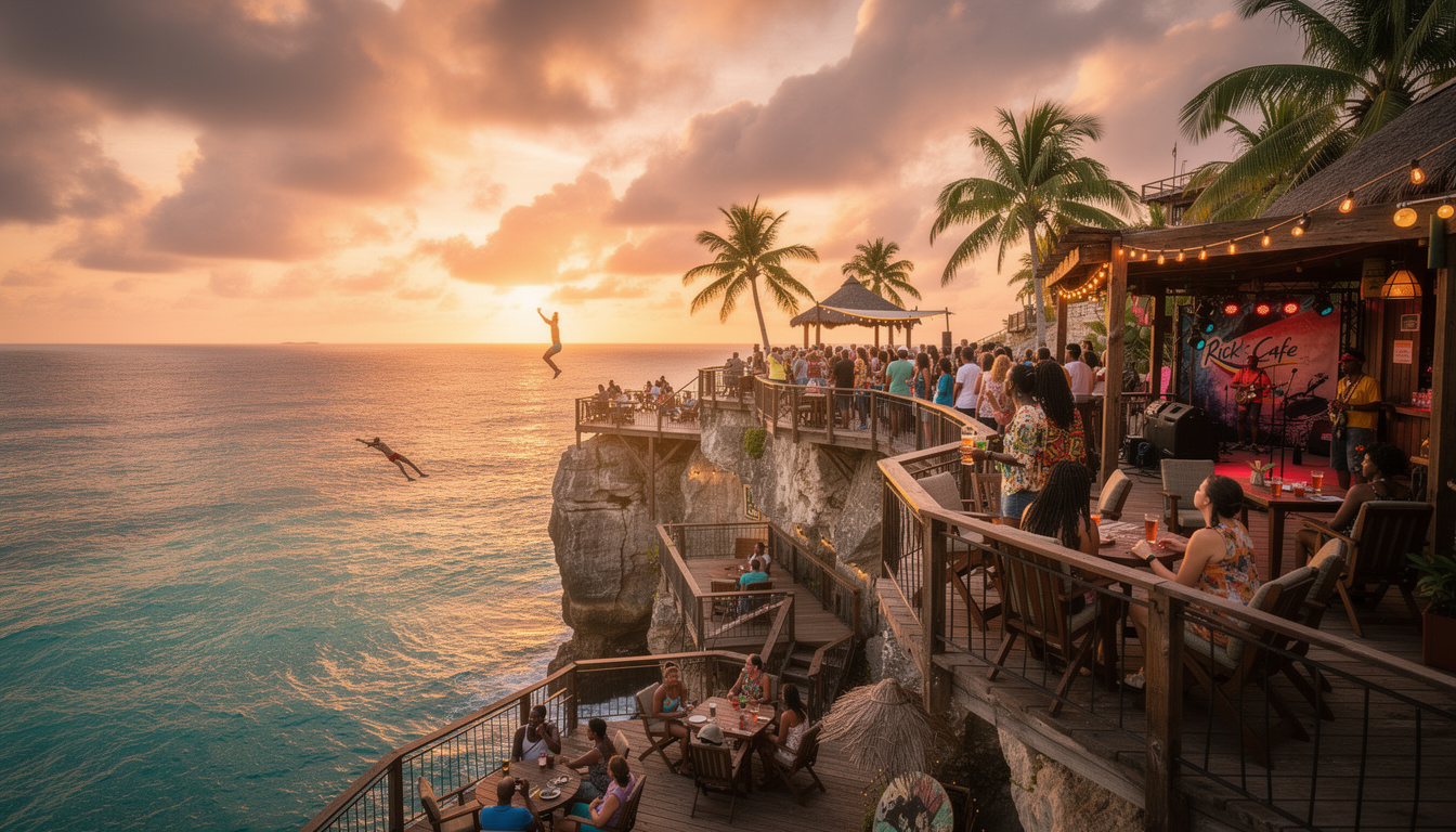découvrez rick’s café à negril, un lieu emblématique où les plongeurs de falaises se retrouvent chaque soir pour admirer un coucher de soleil spectaculaire, une expérience incontournable en jamaïque.