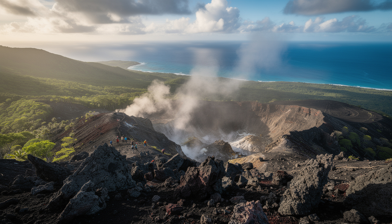 découvrez la randonnée au sommet de la soufrière, un voyage entre fumerolles impressionnantes et panoramas à couper le souffle sur un ciel azur.