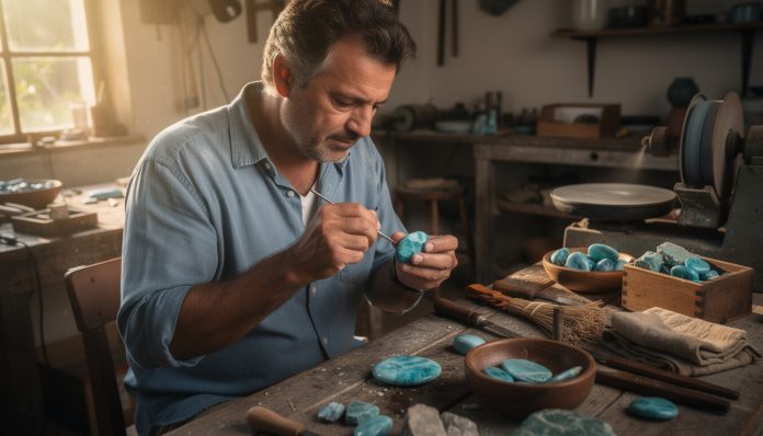 découvrez le travail artisanal du larimar, cette pierre bleue unique au monde, expliqué en détail par frédéric. plongez dans la tradition et le savoir-faire autour de cette gemme exceptionnelle.