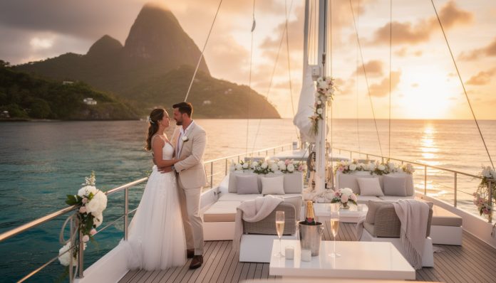 profitez d'une croisière privée au coucher du soleil à sainte-lucie, l'expérience romantique ultime pour les jeunes mariés. moments magiques et paysages paradisiaques garantis.