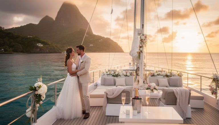 profitez d'une croisière privée au coucher du soleil à sainte-lucie, l'expérience romantique ultime pour les jeunes mariés. moments magiques et paysages paradisiaques garantis.