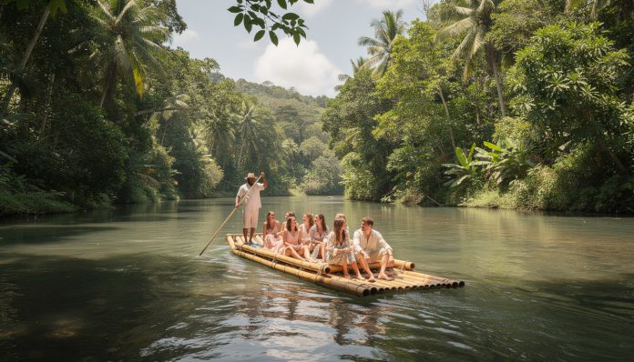 découvrez l'expérience insolite et zen du rafting sur bambou sur la martha brae river, une aventure unique alliant détente et nature préservée.
