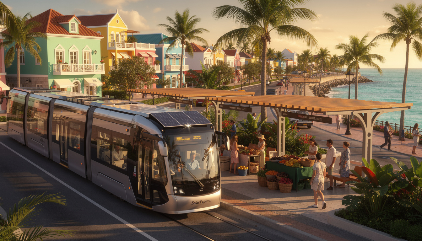 découvrez le solar express, le nouveau tramway à énergie propre qui traverse oranjestad, alliant innovation et respect de l'environnement pour un transport urbain durable.