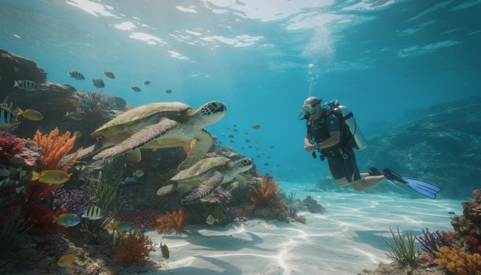 découvrez la magie de la plongée avec les tortues à l’anse dufour et vivez un moment de grâce inoubliable en pleine mer.