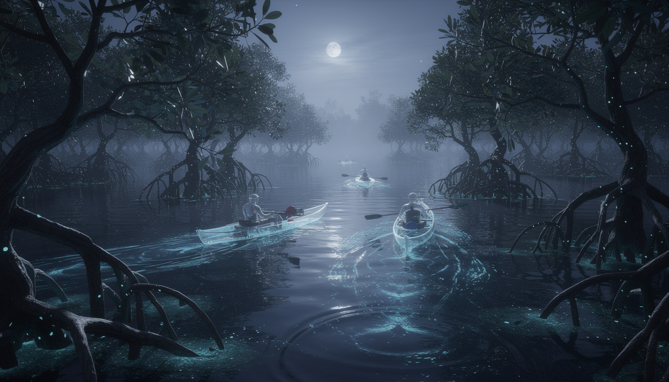 découvrez l'expérience unique du kayak nocturne dans les mangroves luminescentes et laissez-vous émerveiller par ce spectacle naturel insolite et magique.