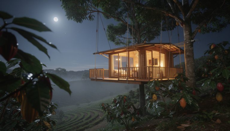 vivez une expérience unique en passant une nuit dans une cabane suspendue au cœur des plantations de cacao. une aventure insolite alliant nature, confort et découverte.