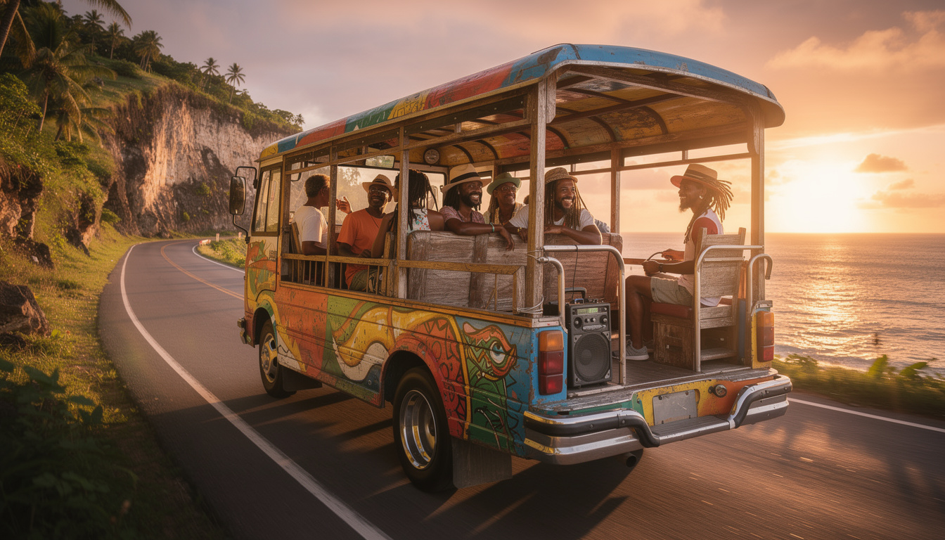 découvrez l'île autrement en slow travel : traversez-la en minibus local et vivez une aventure authentique au rythme envoûtant du reggae.
