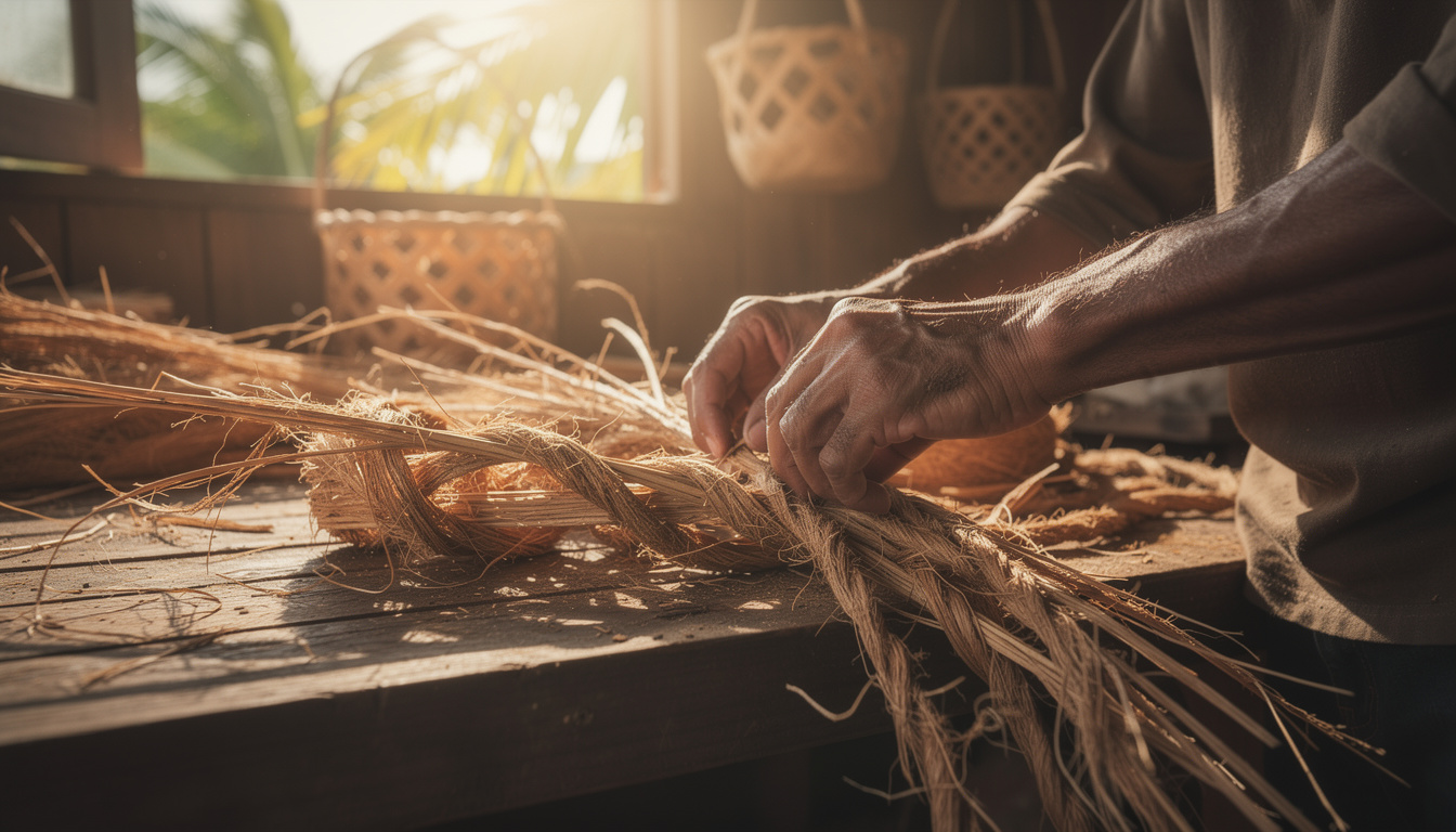 découvrez l'art délicat des vanneries en fibre de coco à travers le regard de frédéric, un artisan passionné qui vous dévoile les gestes précis et traditionnels de ce savoir-faire unique.