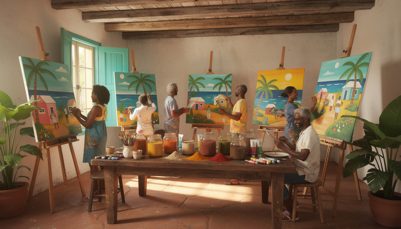 participez à nos ateliers de peinture naïve et exprimez la richesse des couleurs des caraïbes sur toile, même sans expérience artistique.