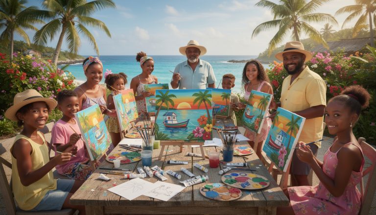 participez à nos ateliers de peinture naïve et découvrez comment exprimer les couleurs vibrantes des caraïbes sur toile, même si vous débutez en peinture.