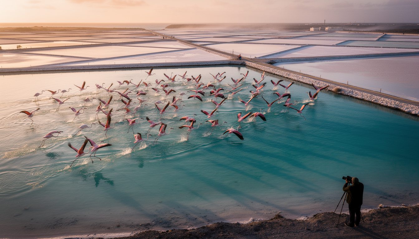 partez en safari photographique à bonaire et capturez la beauté unique de l'envol des flamants roses dans leur habitat naturel.