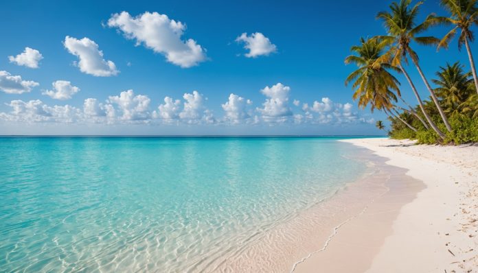 Plage des Bahamas avec sable blanc, eau turquoise et palmiers