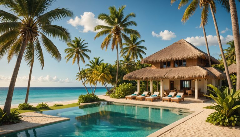 Vue d'une villa avec piscine et d'un éco-lodge en bord de plage aux Caraïbes
