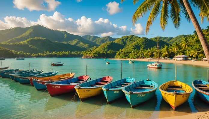 Port et plage tropicale à Trinidad et Tobago Bateaux de pêche colorés sur une plage des Caraïbes à Trinidad et Tobago