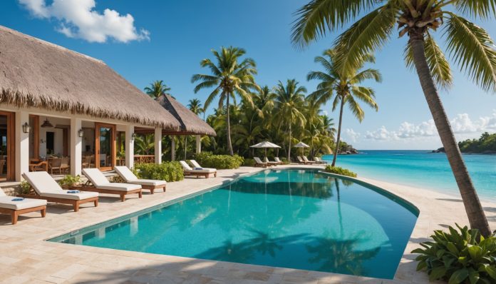 Hébergement aux Caraïbes Plage des Caraïbes avec resort tout compris et villa privée entourée de palmiers