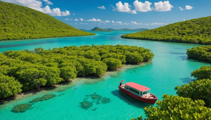 Lagon turquoise et récif de Buccoo Reef à Tobago Bateau à fond de verre sur le lagon turquoise de Buccoo Reef à Tobago