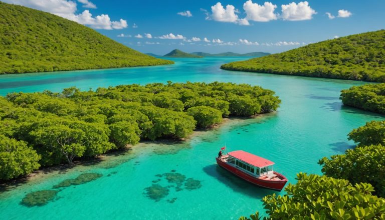 Bateau à fond de verre sur le lagon turquoise de Buccoo Reef à Tobago