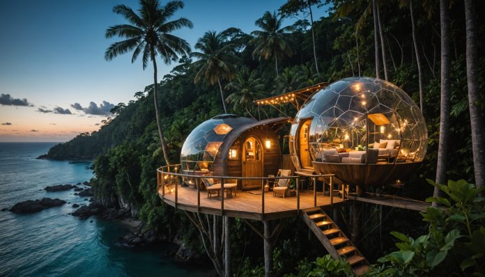 Cabane et bulle insolites de nuit aux Caraïbes Hébergement insolite aux Caraïbes : cabane et bulle transparente en pleine nature tropicale la nuit