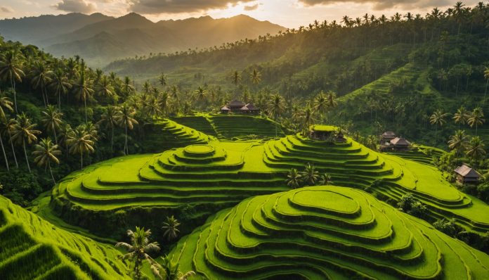 Rizières en terrasses et temple traditionnel à Bali au coucher du soleil