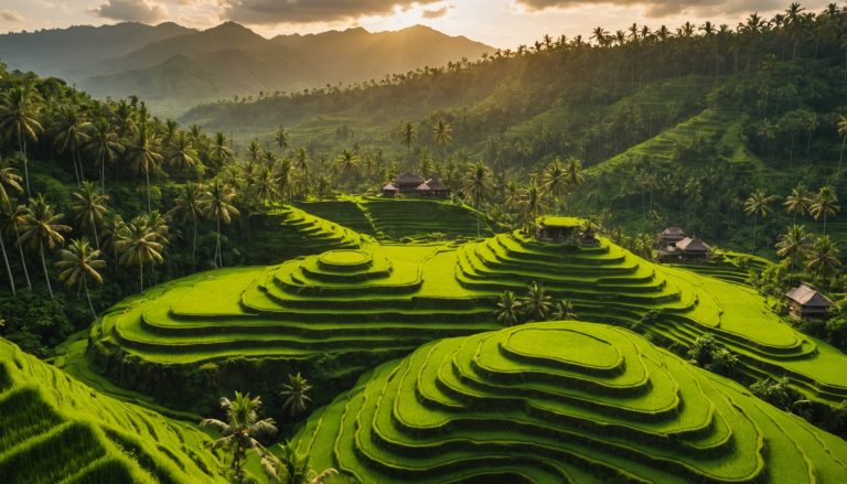 Rizières en terrasses et temple traditionnel à Bali au coucher du soleil