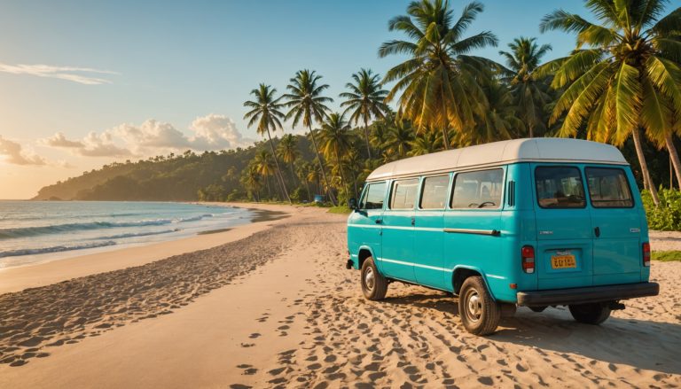 Plage de Trinidad & Tobago avec maxi-taxi local, illustration budget voyage 2026