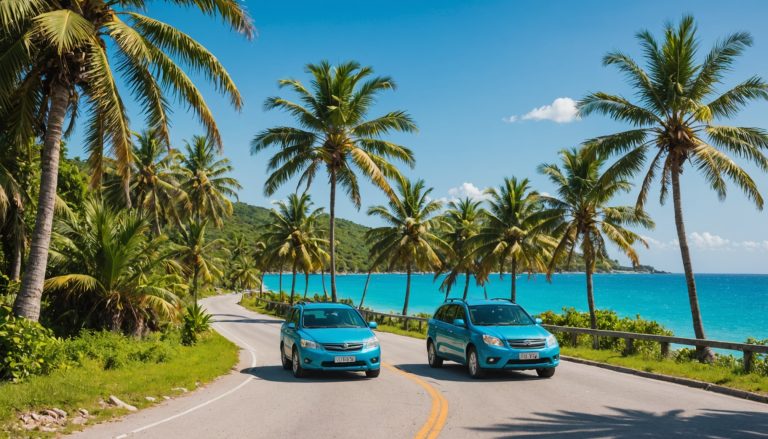 Route côtière tropicale en Jamaïque avec voiture de location au bord de mer