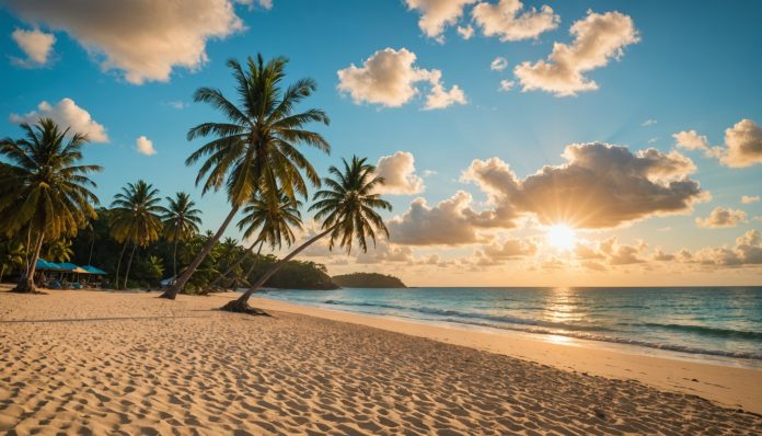 Trinidad & Tobago : quelle est la meilleure période pour partir ? Plage tropicale turquoise à Trinidad et Tobago en saison sèche, ciel dégagé et palmiers