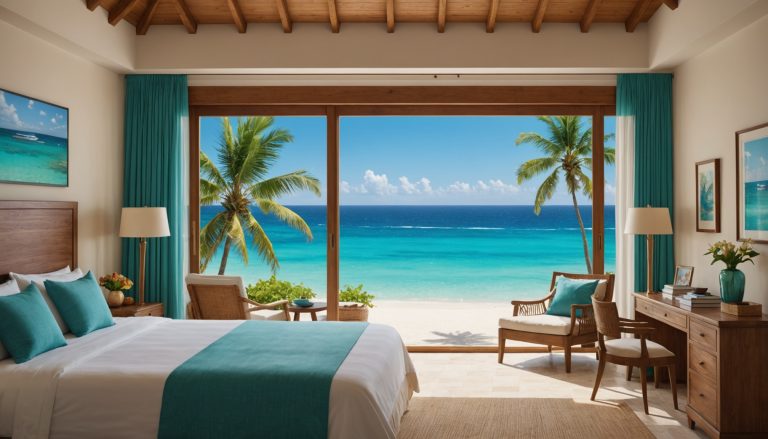 Chambre d'hôtel lumineuse et abordable avec vue sur une mer turquoise des Caraïbes