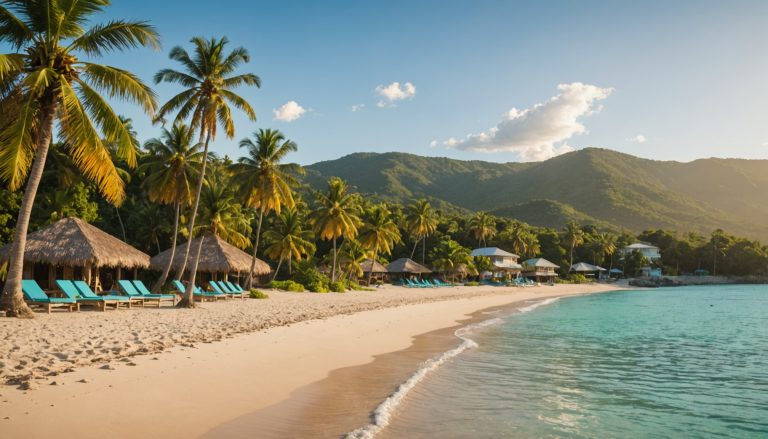 Plage de Jamaïque au coucher du soleil avec hébergements en arrière-plan, illustration budget voyage