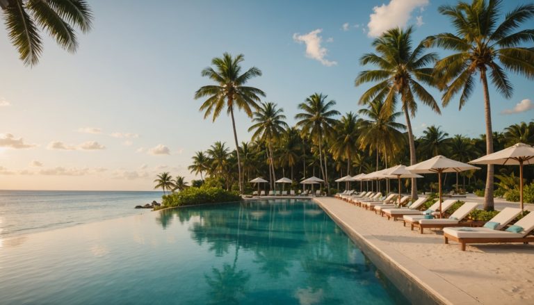 Resort tout compris en bord de plage aux Caraïbes avec transats et eau turquoise