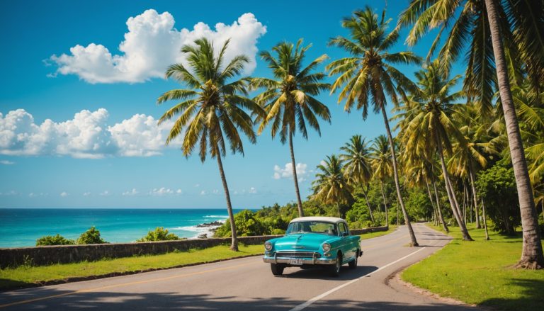 Route côtière tropicale avec une voiture de location à Trinidad et Tobago