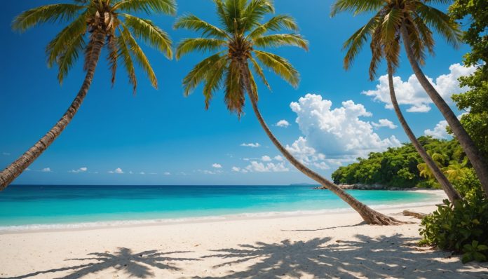 Plage de Jamaïque sous le soleil, saison sèche Plage tropicale en Jamaïque avec eau turquoise et palmiers sous un ciel ensoleillé