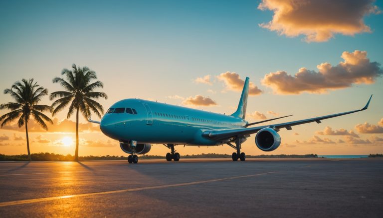 Avion sur le tarmac d'un aéroport tropical au lever du soleil, mer turquoise des Caraïbes en arrière-plan