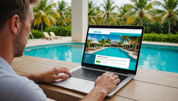Voyageur comparant des sites de réservation d'hôtels sur ordinateur portable avec vue sur une piscine des Caraïbes