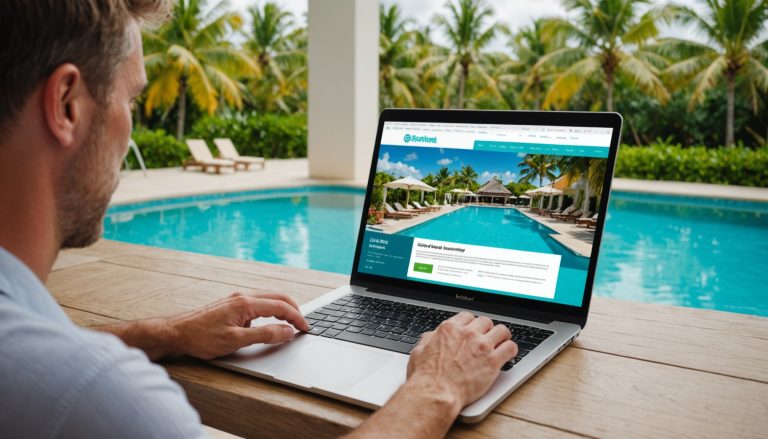 Voyageur comparant des sites de réservation d'hôtels sur ordinateur portable avec vue sur une piscine des Caraïbes