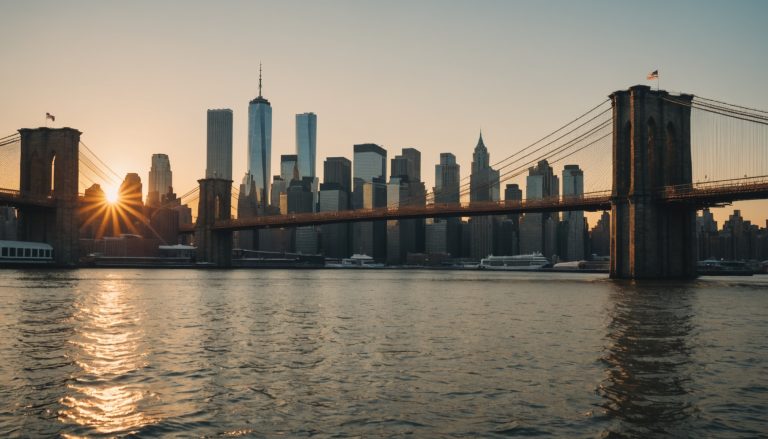 Skyline de New York et pont de Brooklyn au coucher du soleil