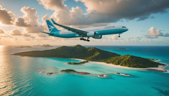 Avion survolant les eaux turquoise des Caraïbes près d'une île tropicale