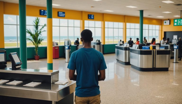 Voyageur préparant ses documents à un comptoir d'immigration en Jamaïque