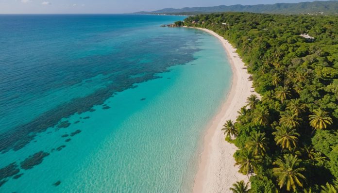 Plage paradisiaque en Jamaïque, sable blanc et eau turquoise Plage de sable blanc et eau turquoise en Jamaïque, Caraïbes