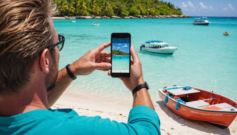 Touriste réservant une excursion en bateau sur son smartphone face à une plage des Caraïbes