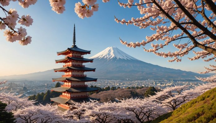 Mont Fuji et cerisiers en fleurs au Japon Mont Fuji entouré de cerisiers en fleurs, symbole d'un voyage au Japon